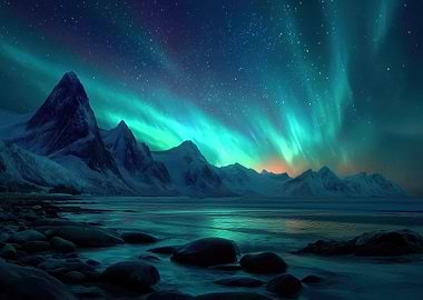 Aurora Borealis over Snowy Mountains
