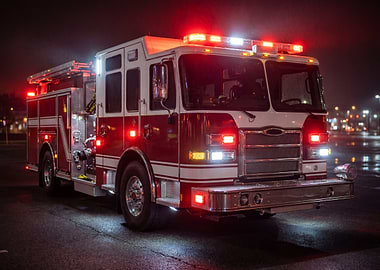 Fire Truck with Lights at Night