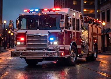 Fire Truck with Lights on Street