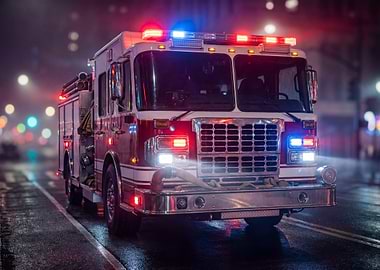 Fire Truck with Lights on Street