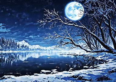Winter Moonlit Lake Landscape