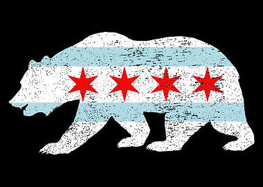 Chicago Bear Flag Poster, Windy City Wall Art, Grunge Illinois City Pride Print