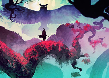 Samurai facing giant owl in mystical forest