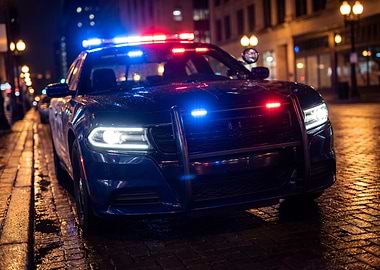 Police car with flashing lights at night