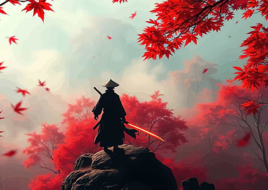 Samurai with glowing sword in autumn forest