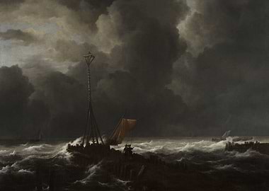 Stormy Seas with Lighthouse and Ships