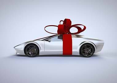 Silver sports car with red gift bow