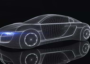 Wireframe Sports Car with Blue Headlights