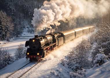 Steam Train in Snowy Forest
