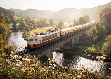 Vintage Train Crossing a Bridge in Autumn