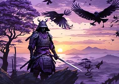 Samurai Warrior with Crows at Sunset