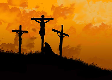 Crucifixion scene at sunset