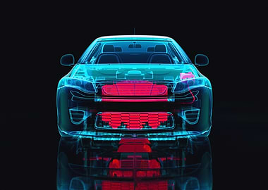 Transparent Car Blueprint with Red Components