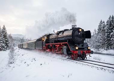 Steam Train in Snowy Landscape