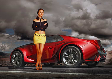 Woman Posing with Red Sports Car