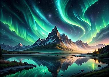 Aurora Borealis Over Mountains and Lake