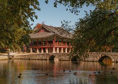 Traditional Korean Pavilion by a Pond