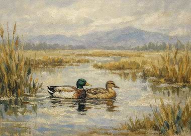 Vintage Mallard Duck in Pond