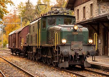 Vintage Electric Train in Autumn