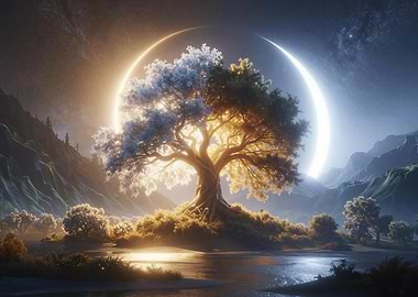 Mystical Tree of Light and Night Under Celestial Ring