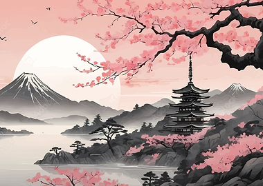 Japanese Landscape Cherry Blossoms