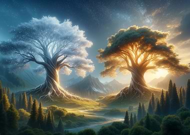 Two Majestic Trees in a Mystical Landscape