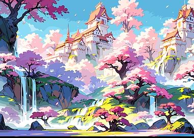 Enchanting Cherry Blossom Castle Landscape