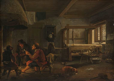 Interior scene with people and a loom