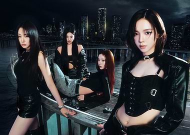 aespa Four women in dark outfits on a pier