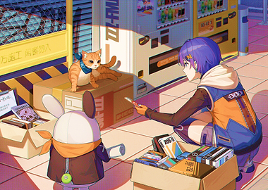 Anime girl with cat and plush toy