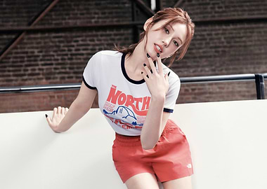 jeon somi in North Face T-shirt and Red Shorts