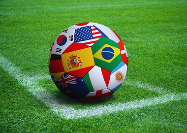 Soccer ball with national flags on grass