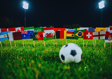 Soccer ball and international flags on grass