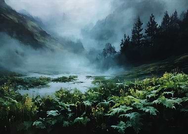 Misty Mountain Valley Landscape Painting