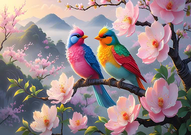 Two colorful birds on a branch nature