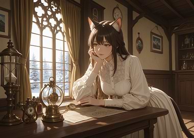 Anime Girl with Cat Ears by Window