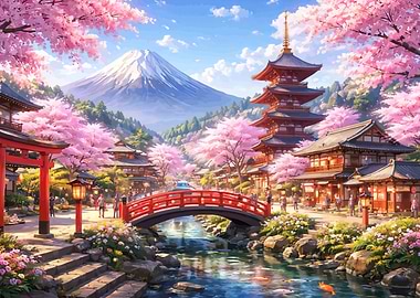 Serene Japanese Village with Mount Fuji