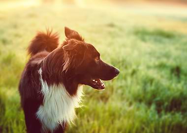 Dog in a grassy field at sunrise