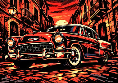 Retro Red Car at Sunset