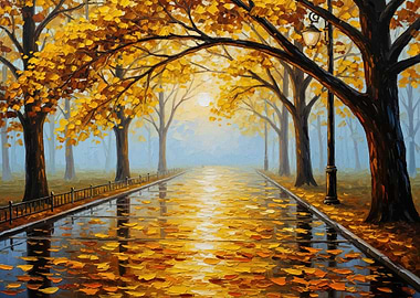 Autumn Park Pathway with Fallen Leaves