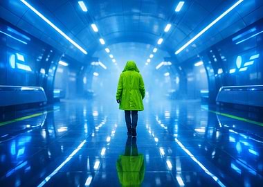 Person in green coat in futuristic tunnel
