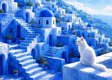 White Cat on Blue Santorini Steps