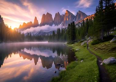 Sunrise over a misty mountain at lake Nature