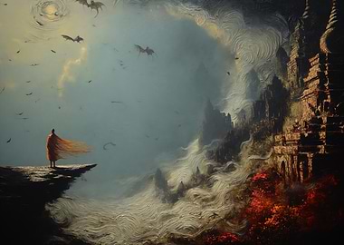 Wanderer Before the Mistbound Citadel – Surreal Fantasy Landscape Art