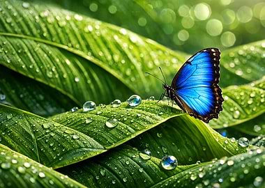 Blue butterfly on wet green leaves