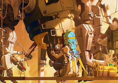 Girl working on a giant robot