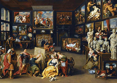 Art Gallery with Many Paintings and Sculptures