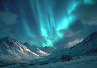Aurora Borealis over Snowy Mountains