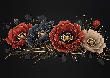 Red, Navy & Gold Anemone Floral Art on Black Background