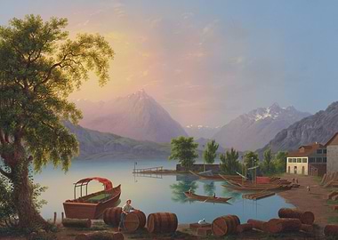 Alpine Lake Scene with Boats and Mountains